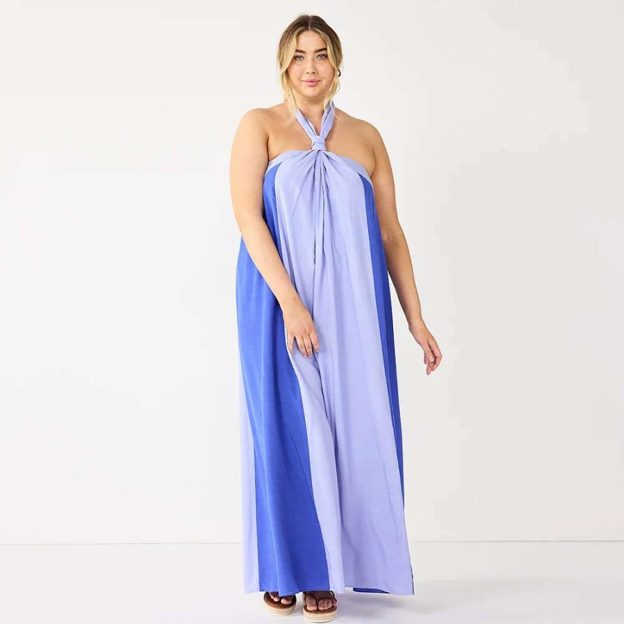 Clothing * | Plus Size Nine West Halter Neck Colorblock Maxi Dress