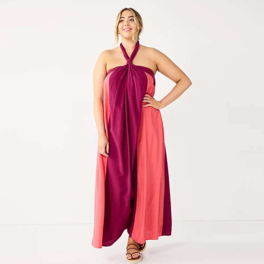 Clothing * | Plus Size Nine West Halter Neck Colorblock Maxi Dress