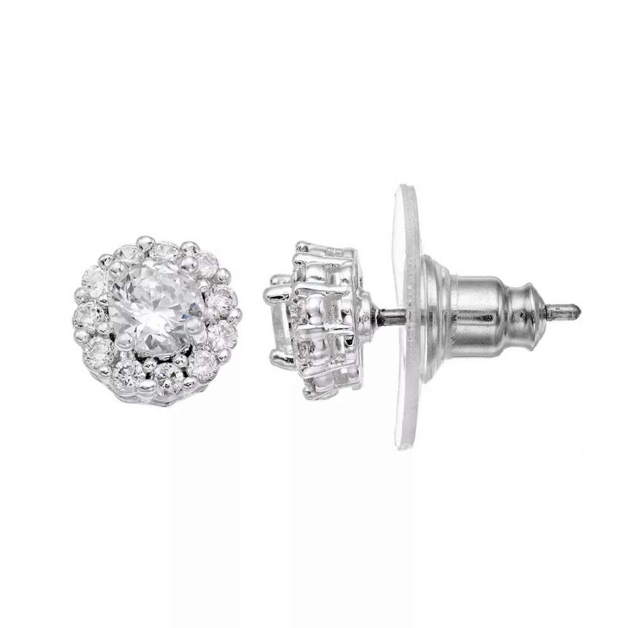 Jewelry * | Nine West Cubic Zirconia Halo Stud Earrings Silver Tone