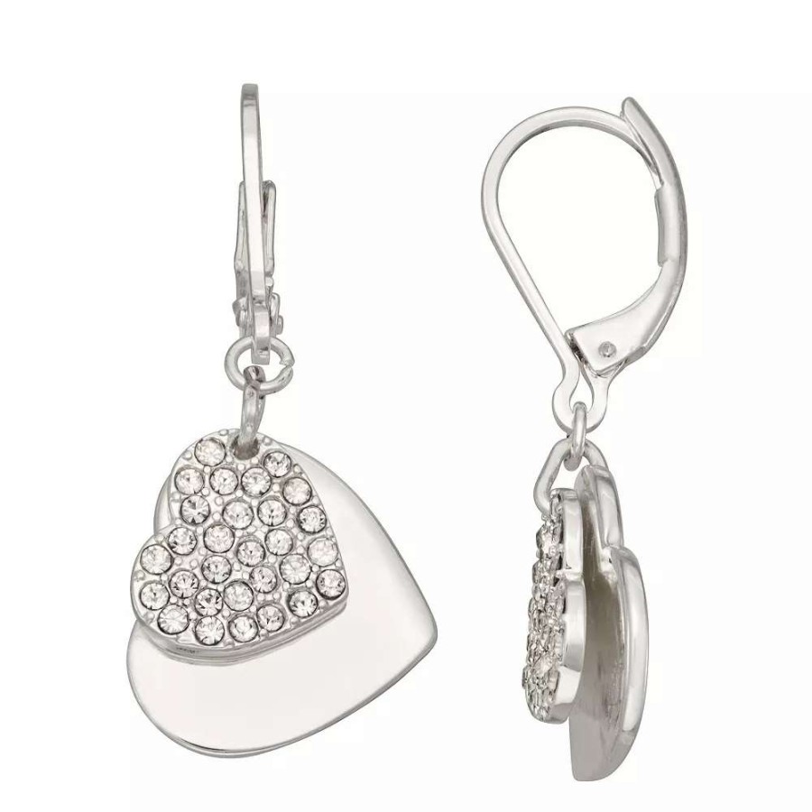 Jewelry * | Nine West Silver Tone Pave Heart Leverback Earrings