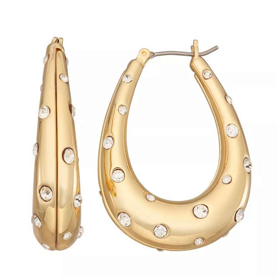 Jewelry * | Nine West Gold Tone Crystal Oval Hoop Earrings