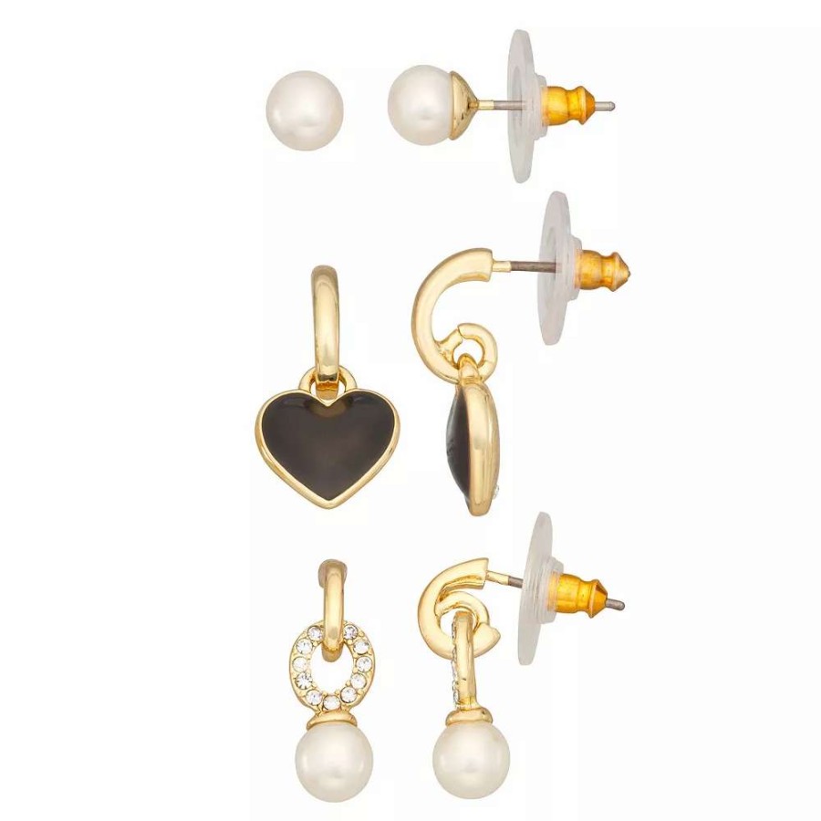 Jewelry * | Nine West Gold Tone Simulated Pearl & Heart Drop Earrings Trio Set