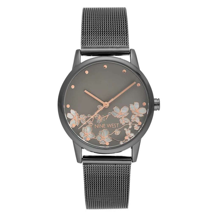 Watches * | Nine West Women'S Gray Stainless Steel Mesh Bracelet Watch With Flower Dial