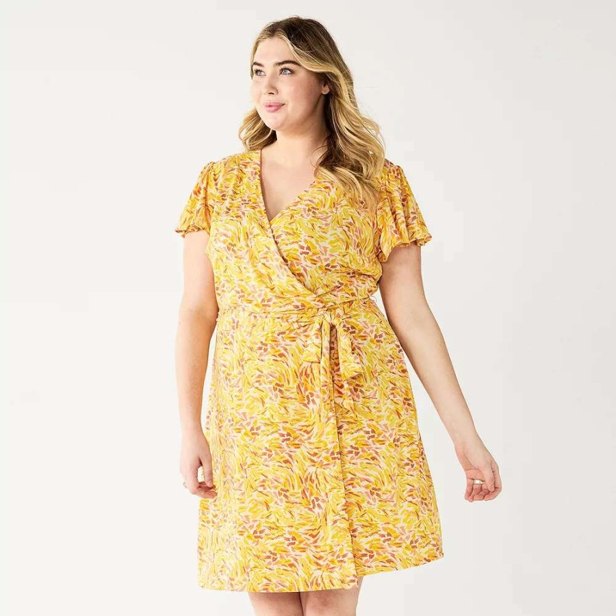 Clothing * | Plus Size Nine West Flutter Sleeve Wrap Dress