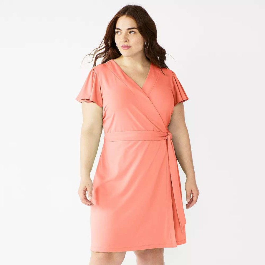 Clothing * | Plus Size Nine West Flutter Sleeve Wrap Dress