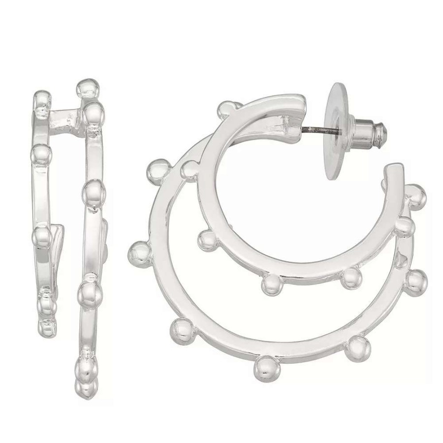 Jewelry * | Nine West Silver Tone Ball Double Hoop Earrings