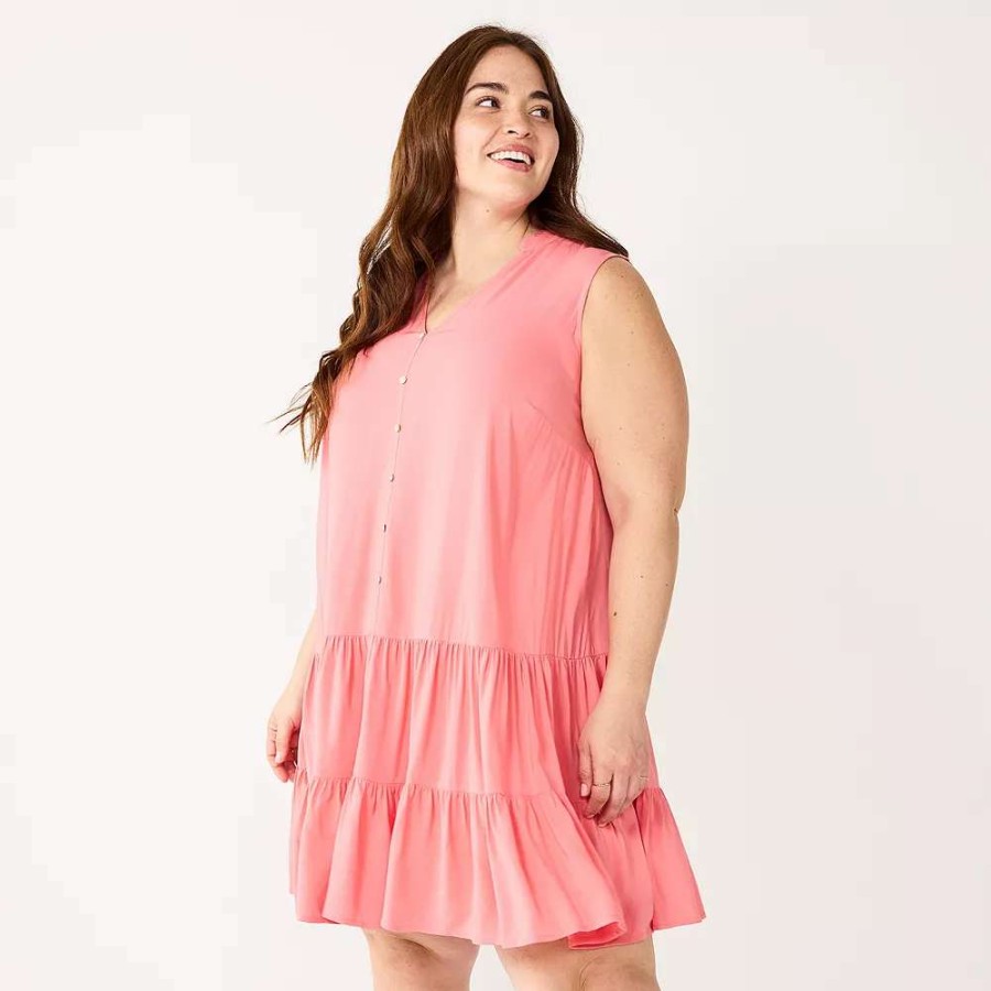 Clothing * | Plus Size Nine West Sleeveless Button-Front Tiered Drop Waist Dress