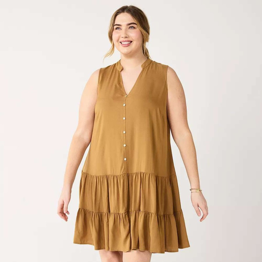 Clothing * | Plus Size Nine West Sleeveless Button-Front Tiered Drop Waist Dress