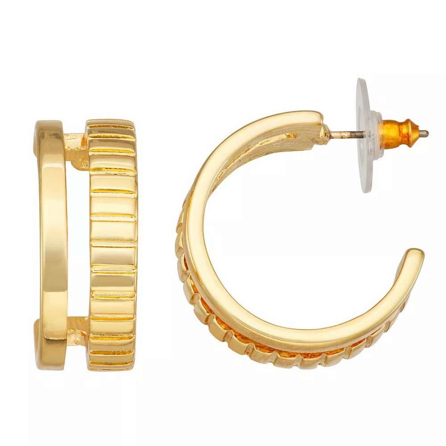 Jewelry * | Nine West Gold Tone Double-Row Textured Hoop Earrings