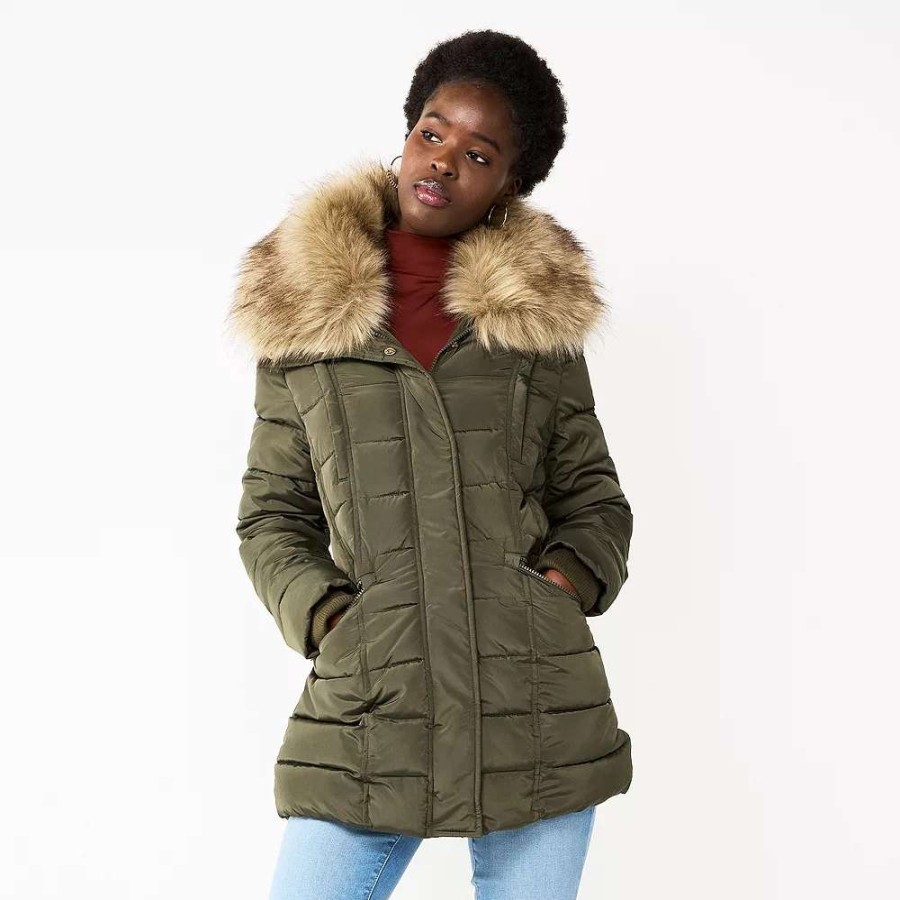 Clothing * | Women'S Nine West Faux-Fur Collar Short Puffer Jacket