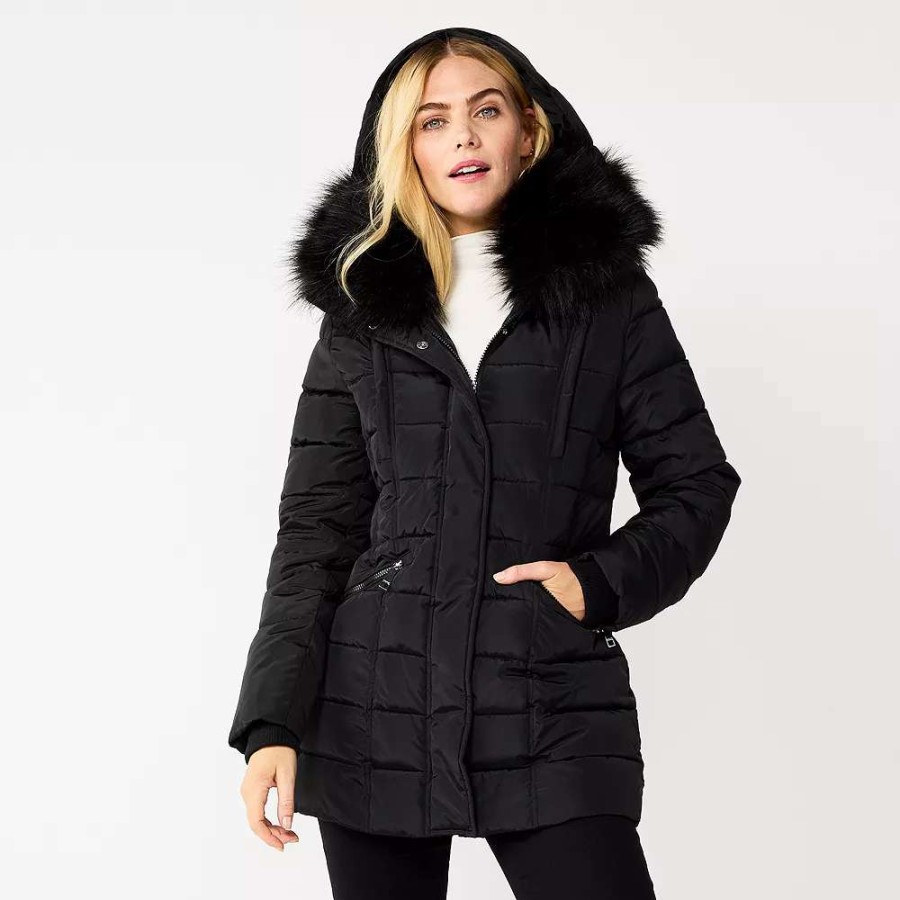 Clothing * | Women'S Nine West Faux-Fur Collar Short Puffer Jacket