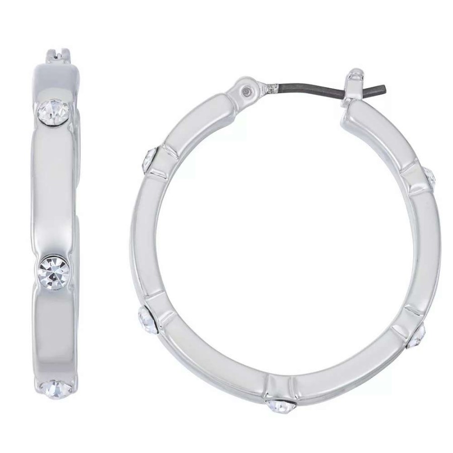 Jewelry * | Nine West Silver Tone Small Hoop Earrings With Simulated Crystal Accents