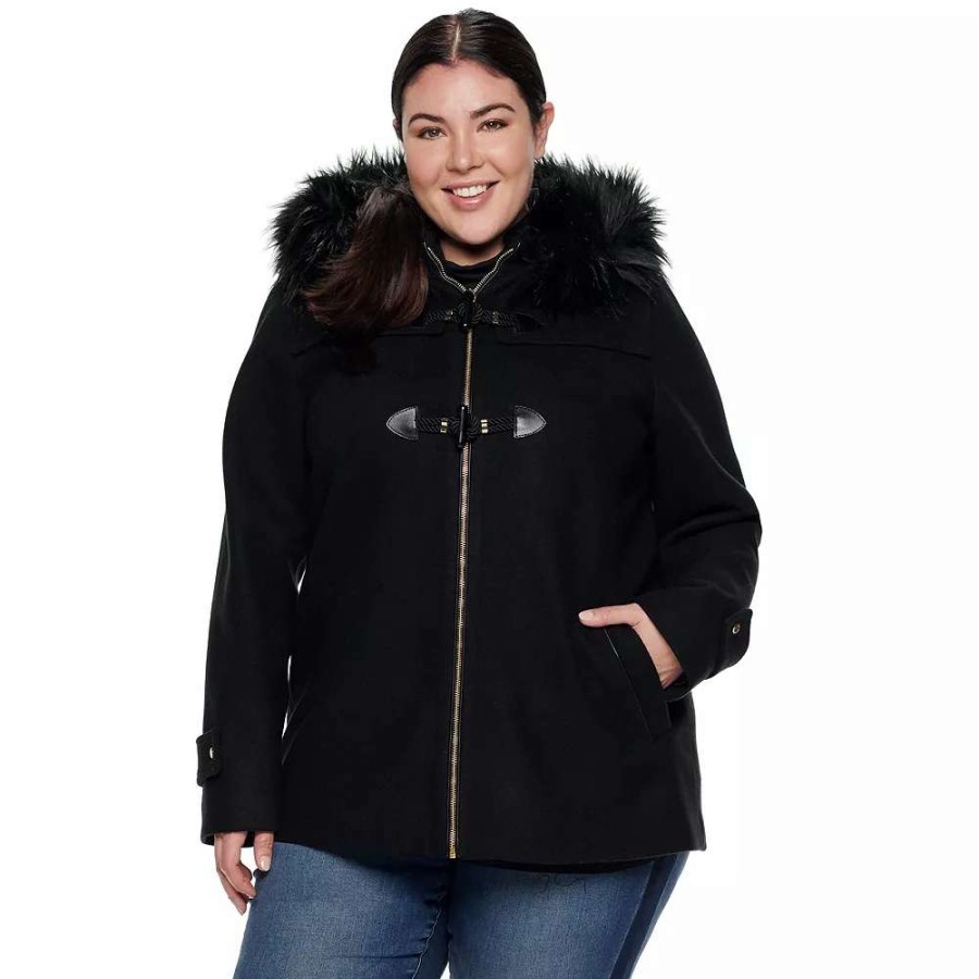 Clothing * | Plus Size Nine West Hooded Faux-Fur Trim Toggle Coat Black