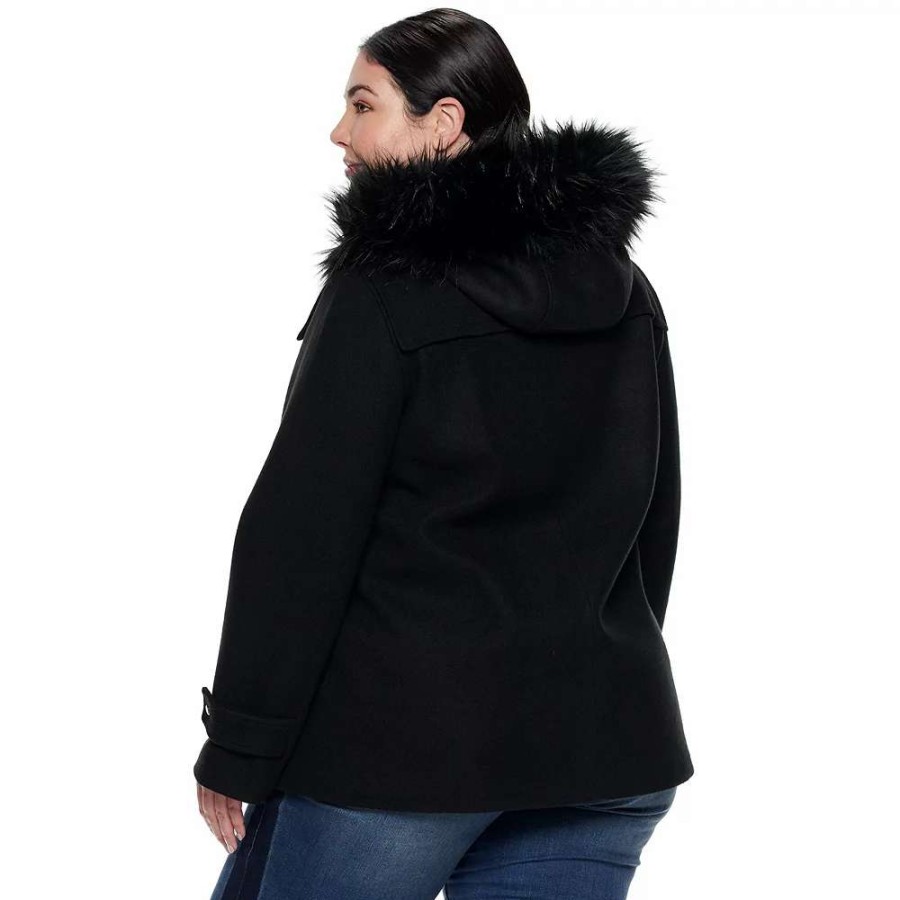 Clothing * | Plus Size Nine West Hooded Faux-Fur Trim Toggle Coat Black