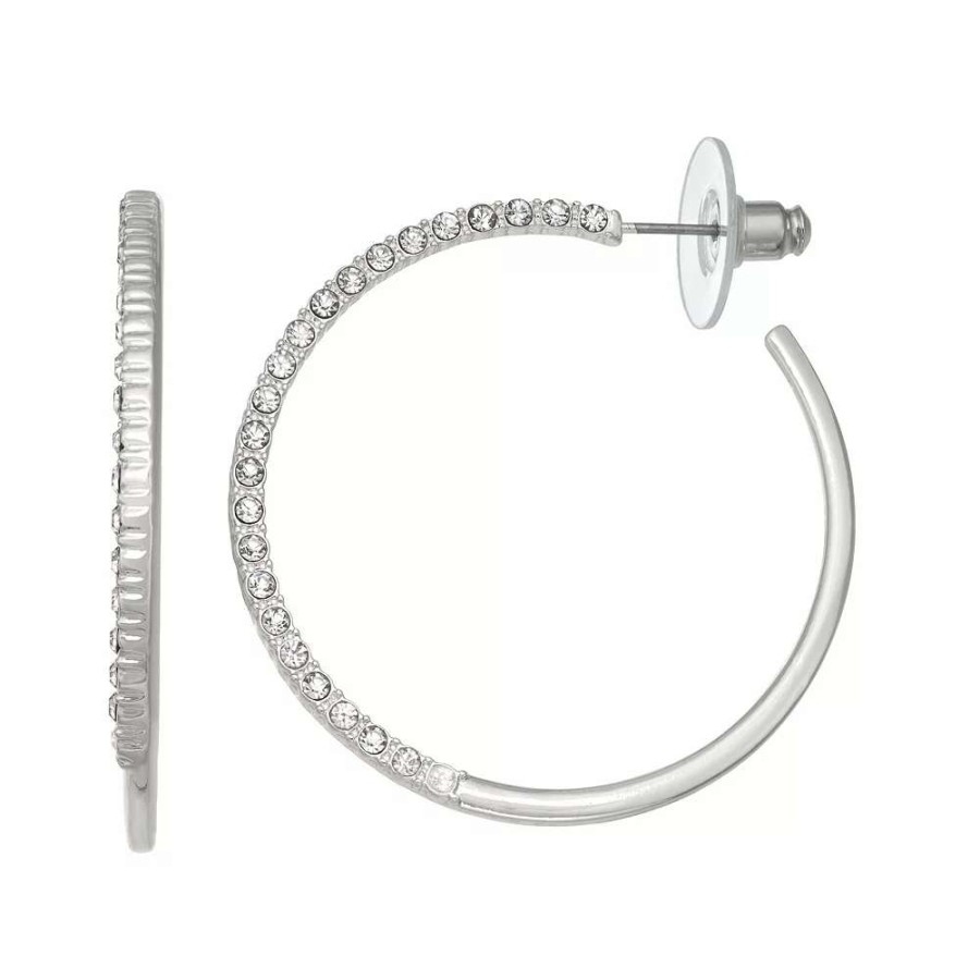 Jewelry * | Nine West Silver Tone C Pave Hoop Earrings