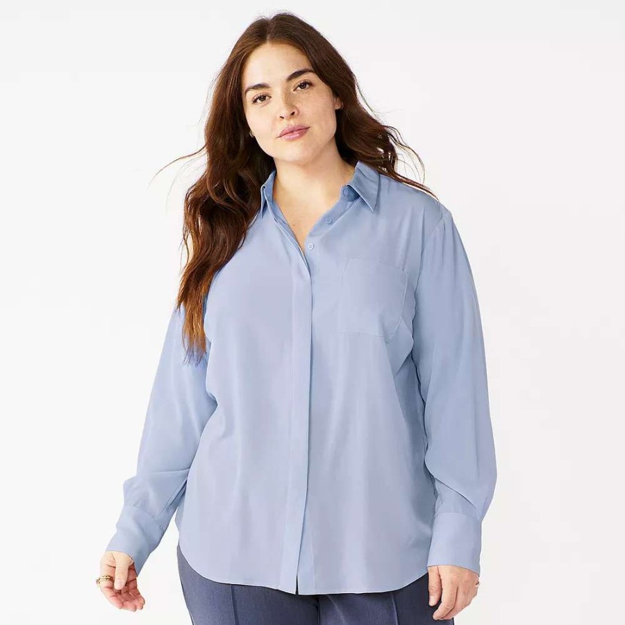 Clothing * | Plus Size Nine West Drapey Button Down Shirt