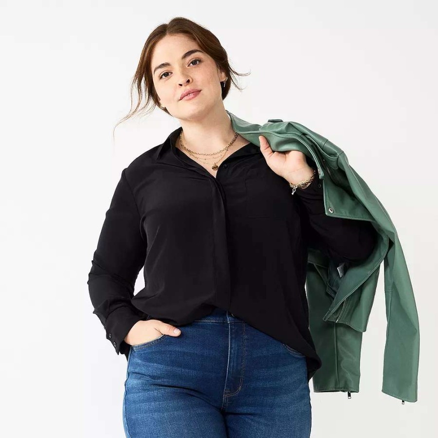 Clothing * | Plus Size Nine West Drapey Button Down Shirt