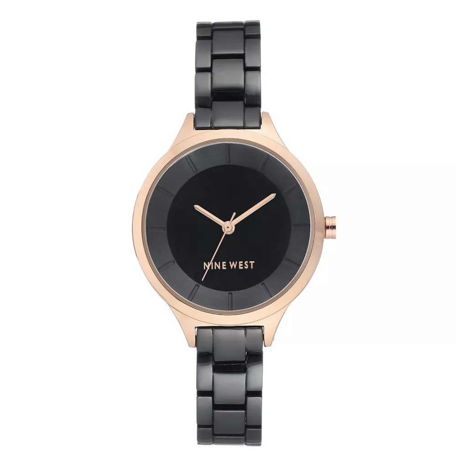 Watches * | Nine West Women'S Black Bracelet Watch With Rose Gold Tone Case