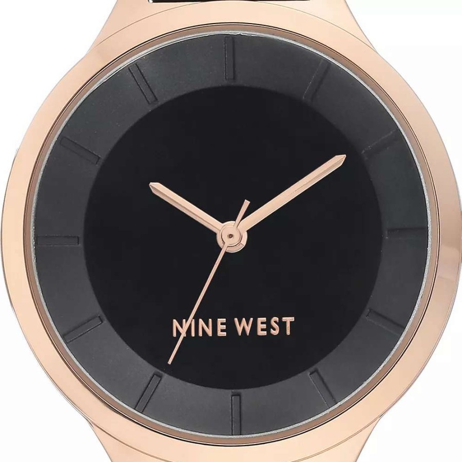 Watches * | Nine West Women'S Black Bracelet Watch With Rose Gold Tone Case