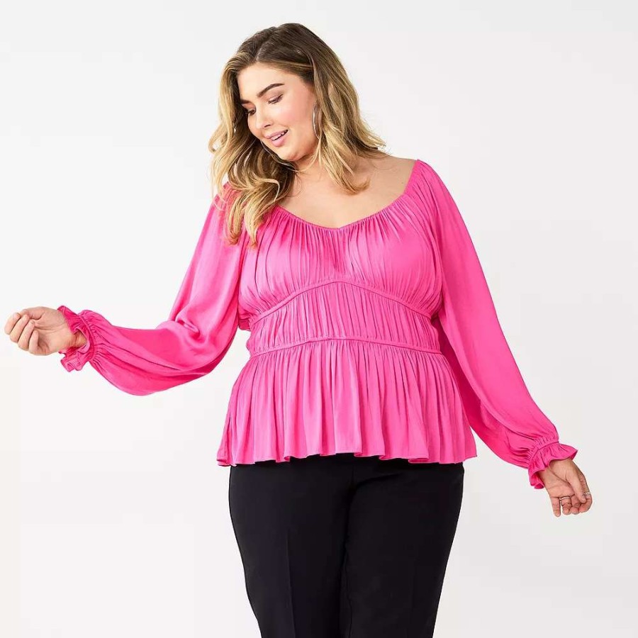 Clothing * | Plus Size Nine West Long Sleeve Sweetheart Peplum Top