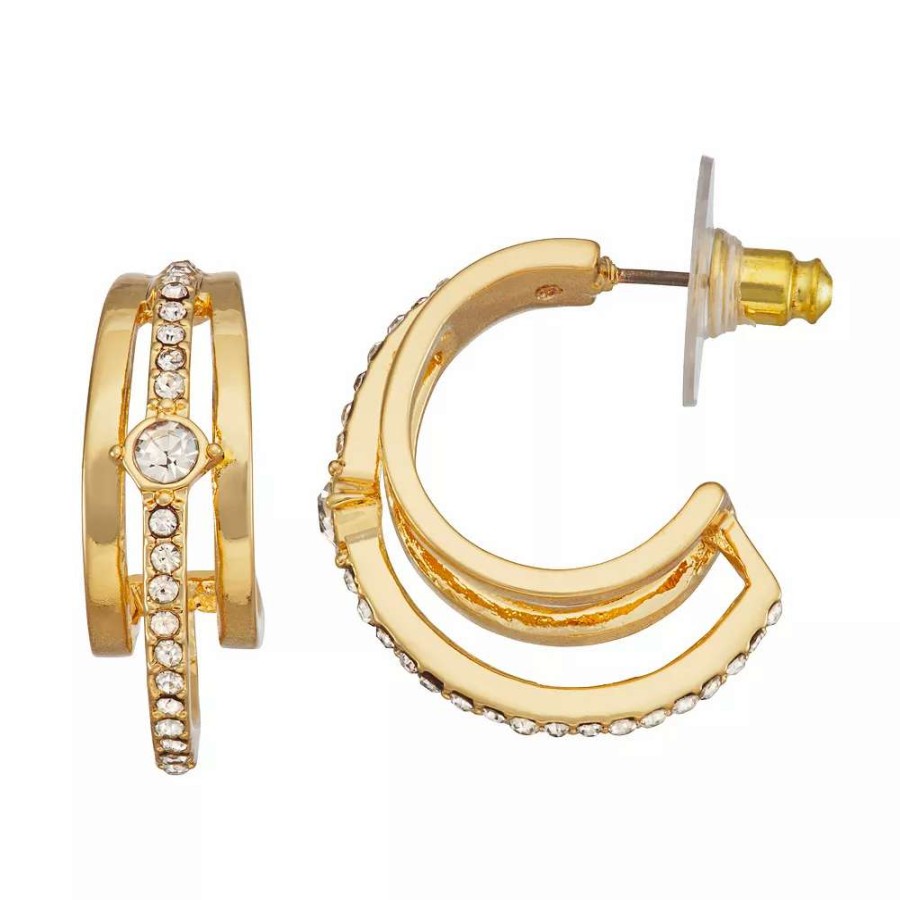 Jewelry * | Nine West Gold Tone Pave Post Hoop Earrings