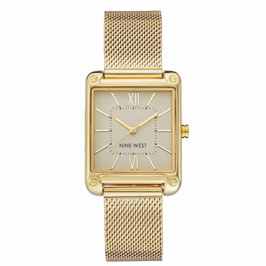 Watches * | Nine West Women'S Gold-Tone Rectangle Dial Dress Watch