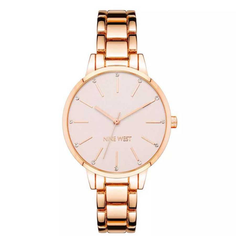 Watches * | Nine West Women'S Gold-Tone Bracelet Watch With Crystal Accents Rose Gold Tone Pink