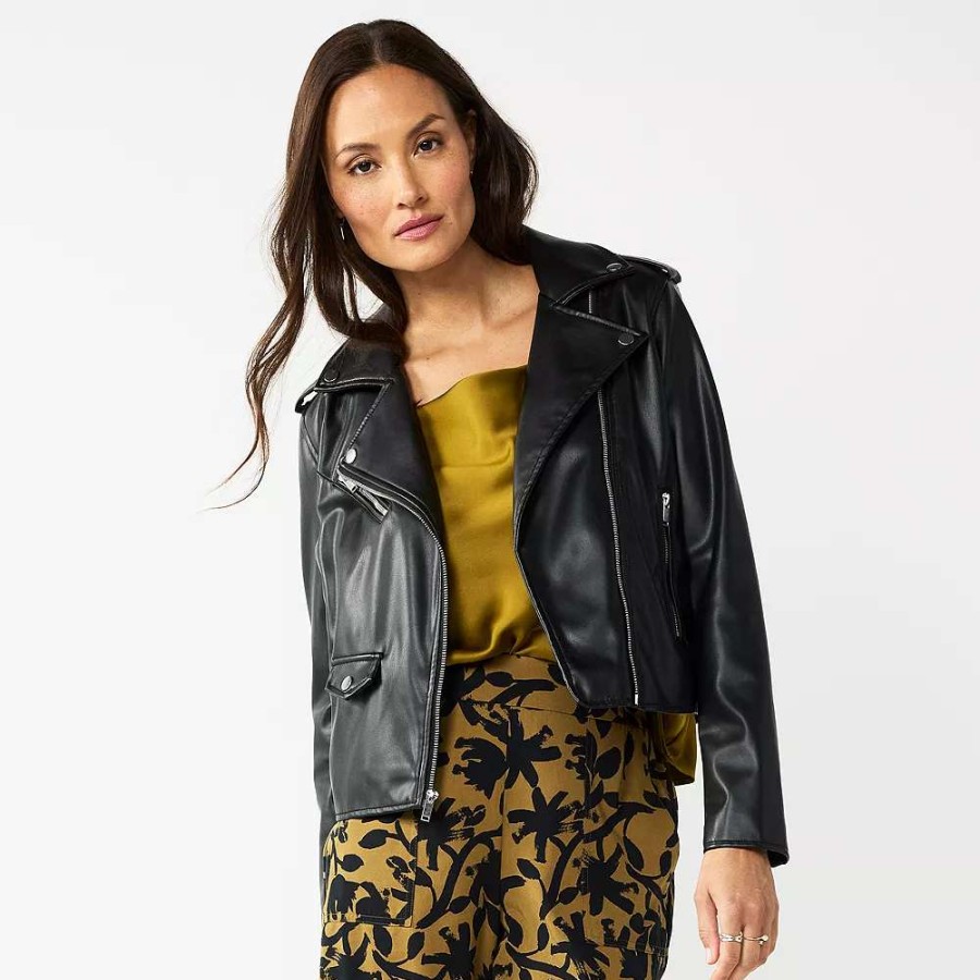 Clothing * | Women'S Nine West Faux-Leather Moto Jacket