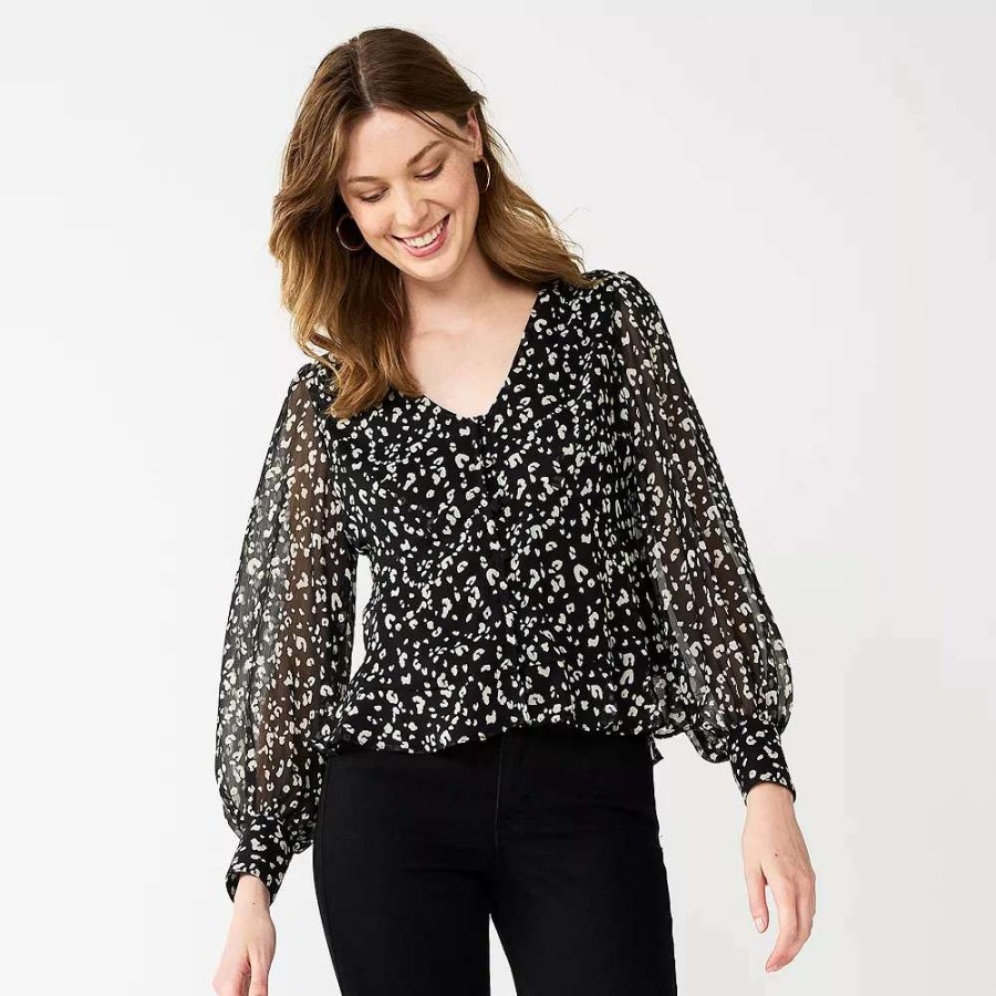 Clothing * | Petite Nine West Long Sleeve Button-Front V-Neck Blouse