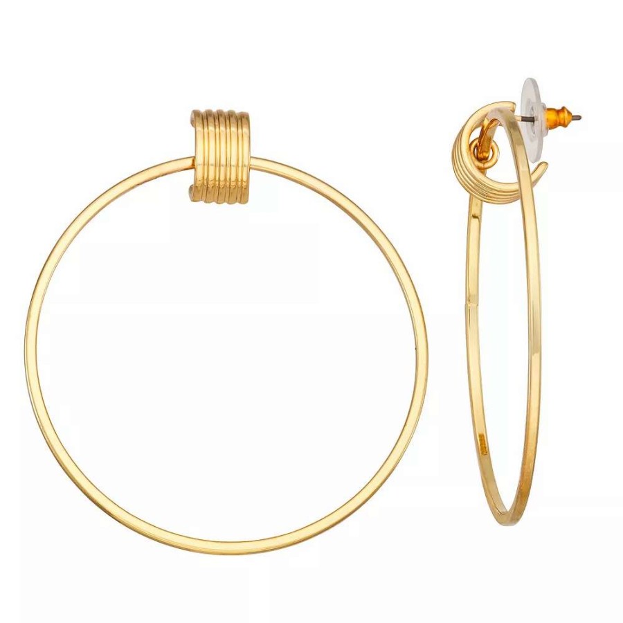 Jewelry * | Nine West Gold Tone Medallion Drop Hoop Earrings