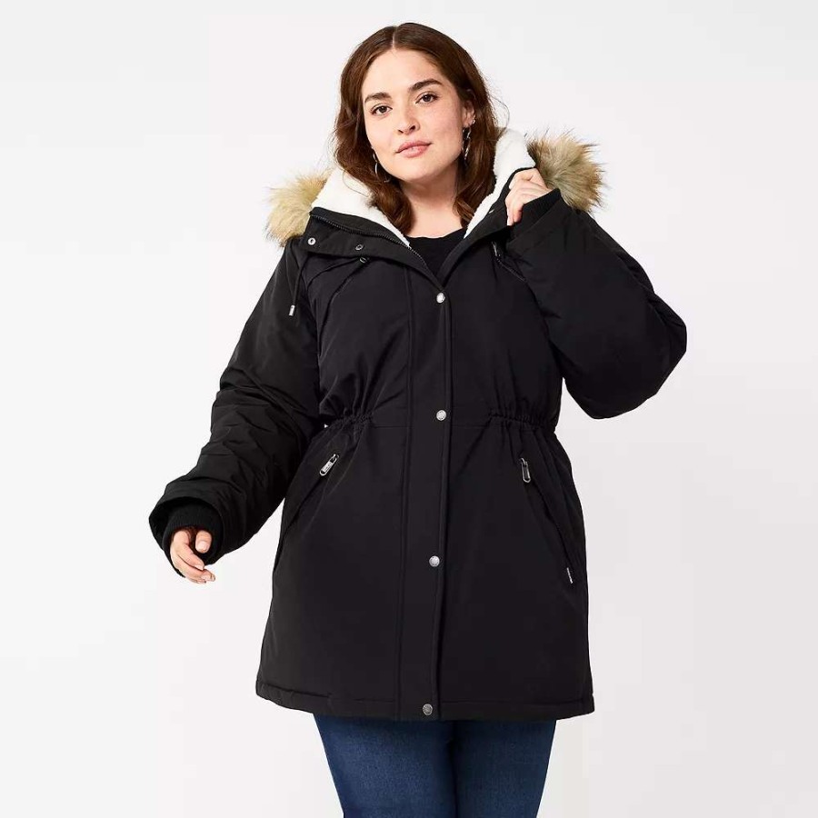 Clothing * | Plus Size Nine West Sherpa-Lined Parka Coat Black