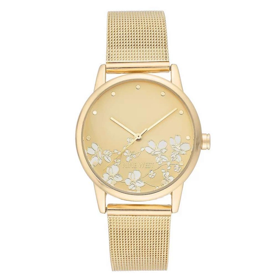 Watches * | Nine West Women'S Stainless Steel Mesh Bracelet Watch With Flower Dial Gold Tone