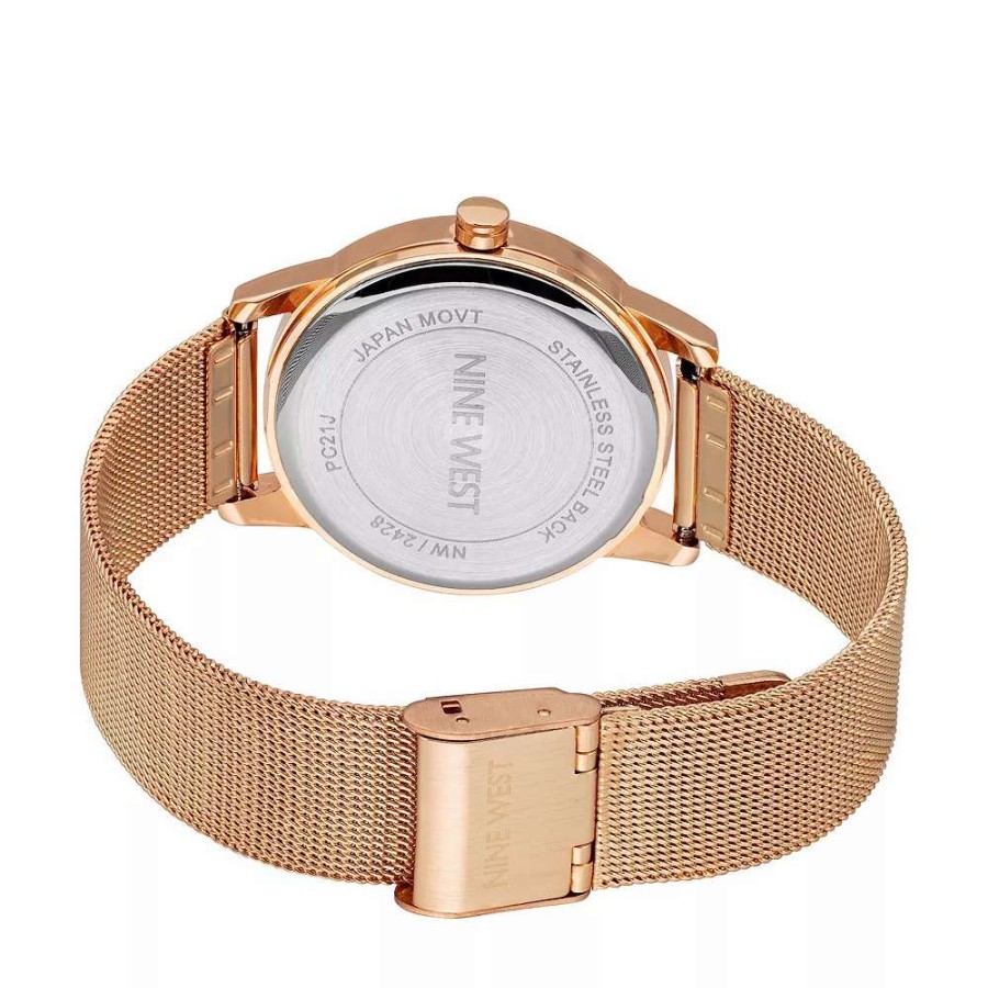 Watches * | Nine West Women'S Stainless Steel Mesh Bracelet Watch With Flower Dial Gold Tone