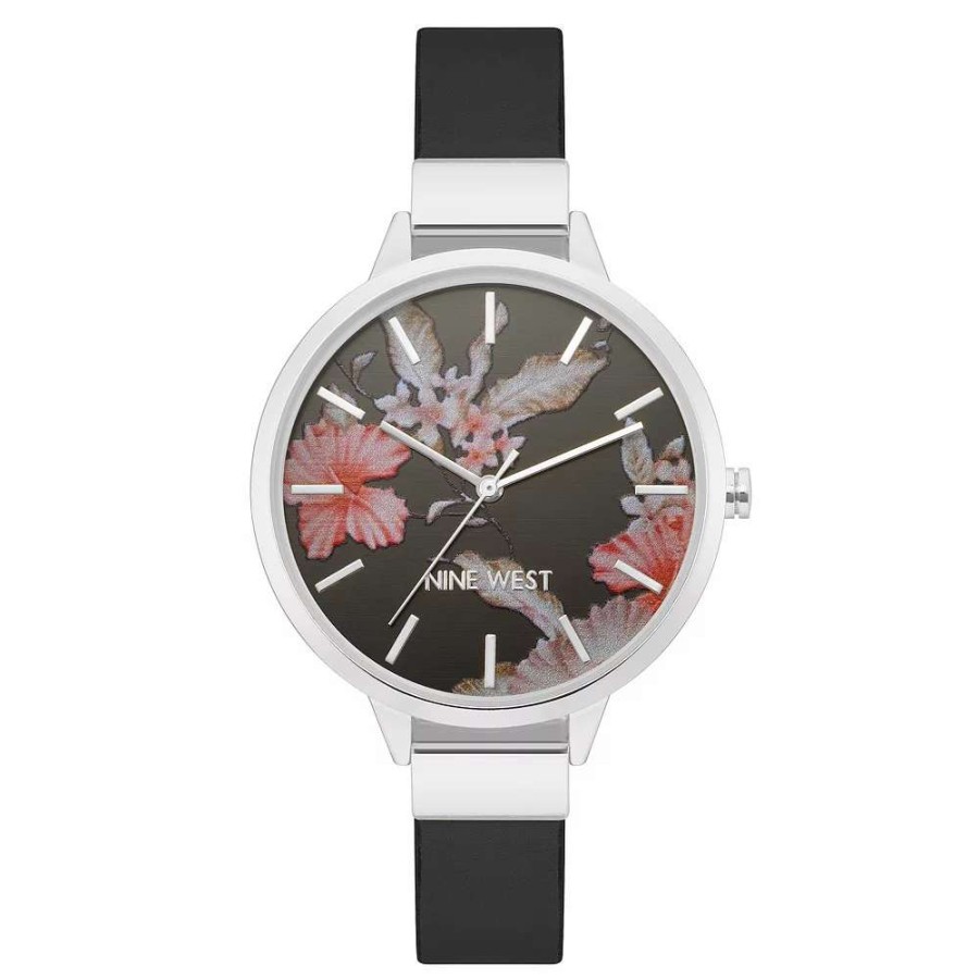 Watches * | Nine West Women'S Black Strap Watch With Flower Dial