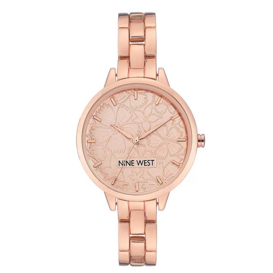 Watches * | Nine West Women'S Rose Gold Tone Bracelet Watch With Etched Flower Dial