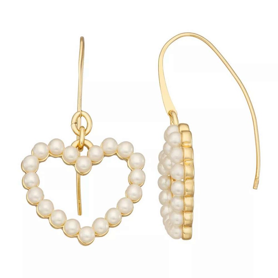 Jewelry * | Nine West Gold Tone Simulated Pearl Heart Threader Earrings