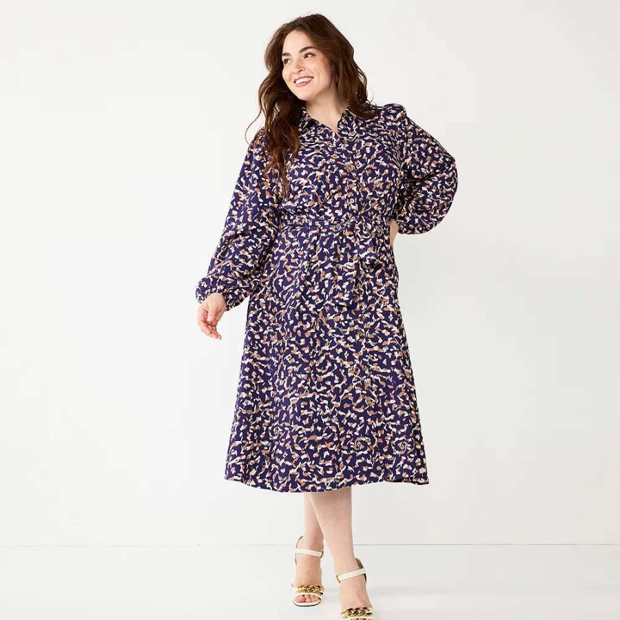 Clothing * | Plus Size Nine West Midi Shirt Dress