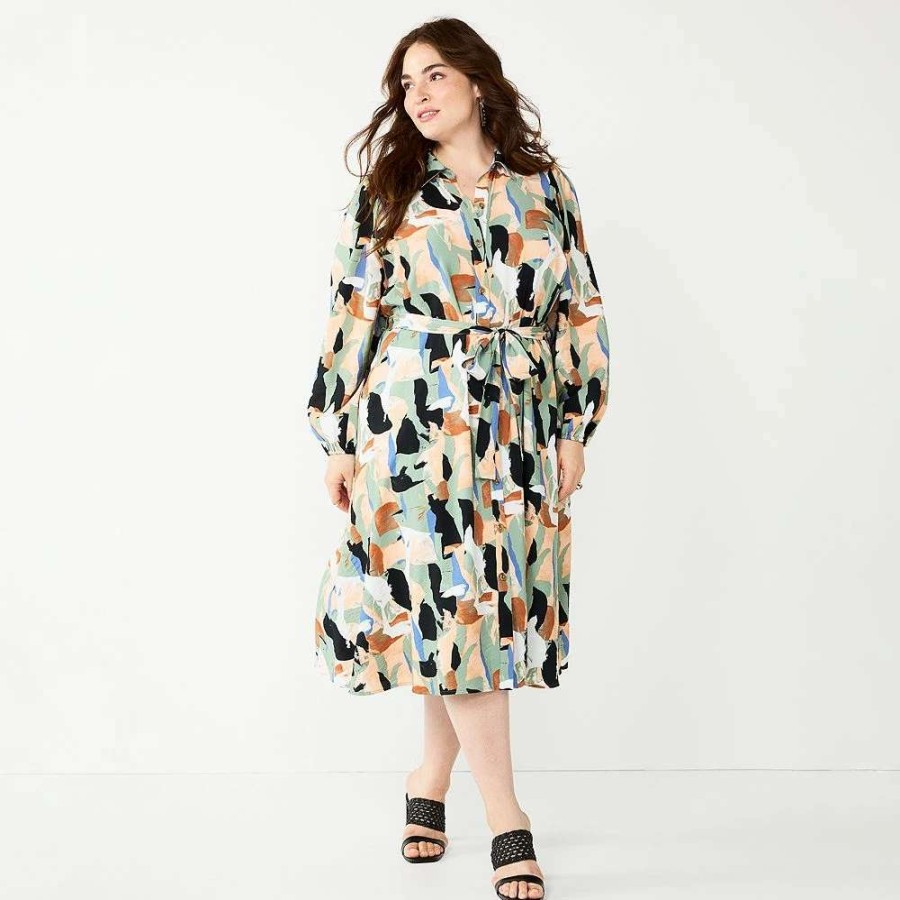 Clothing * | Plus Size Nine West Midi Shirt Dress