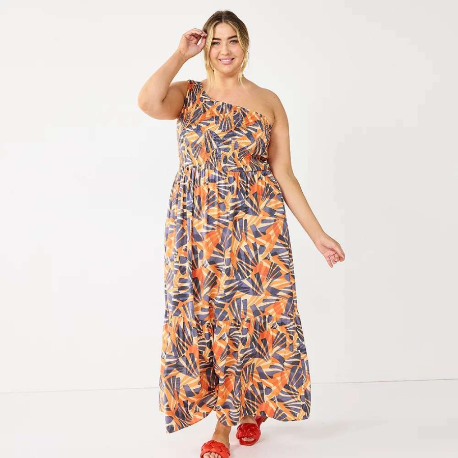 Clothing * | Plus Size Nine West One-Shoulder Smocked Maxi Dress