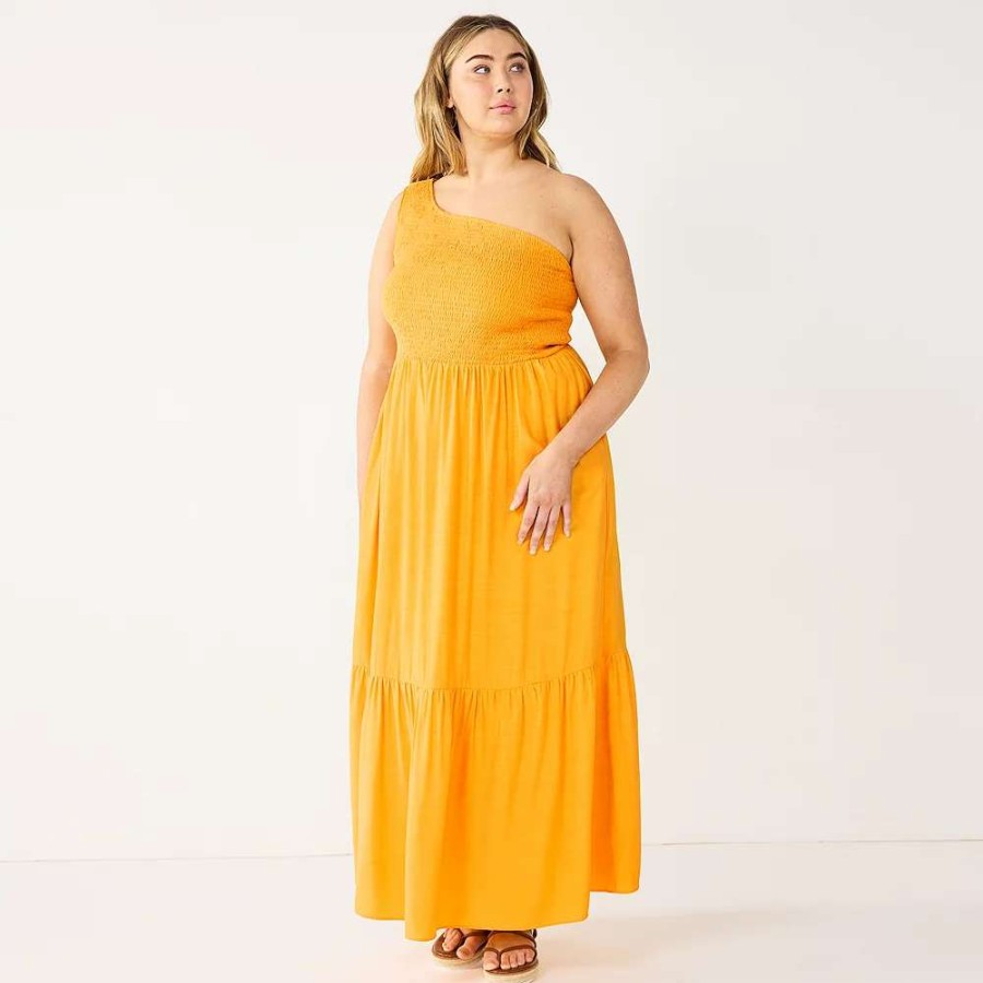 Clothing * | Plus Size Nine West One-Shoulder Smocked Maxi Dress