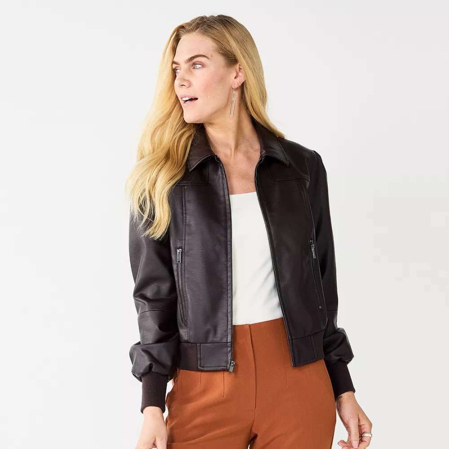 Clothing * | Women'S Nine West Faux-Leather Aviator Jacket