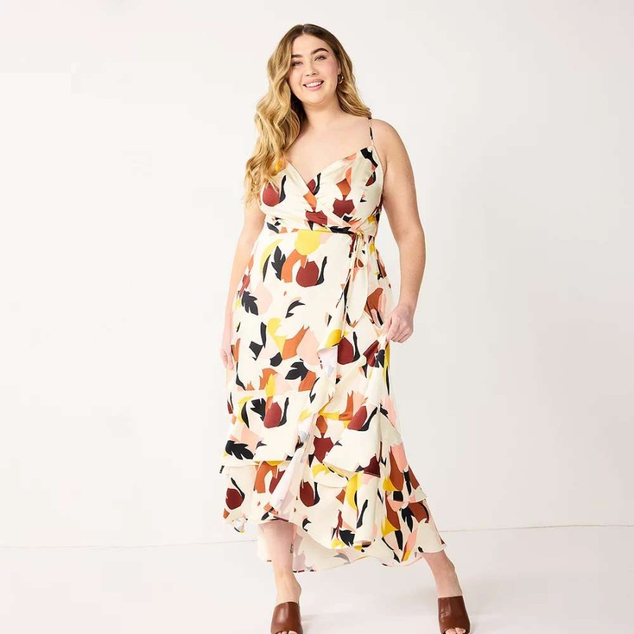 Clothing * | Plus Size Nine West Strappy Ruffle Hem Wrap Dress