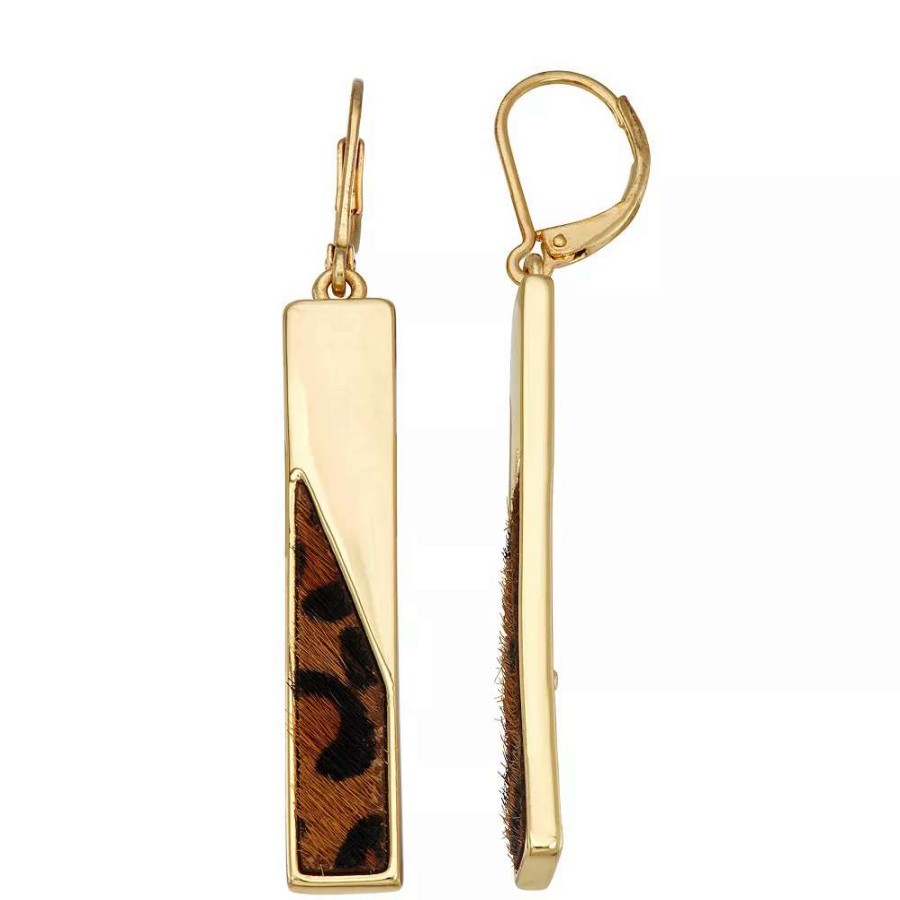 Jewelry * | Nine West Gold Tone & Cheetah Print Bar Drop Earrings