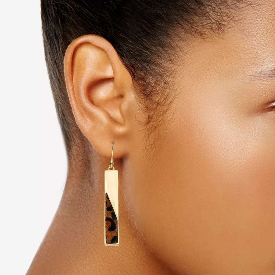 Jewelry * | Nine West Gold Tone & Cheetah Print Bar Drop Earrings