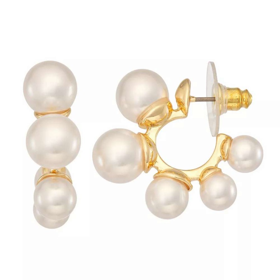 Jewelry * | Nine West Gold Tone Triple Drop Simulated Pearl Hoop Earrings