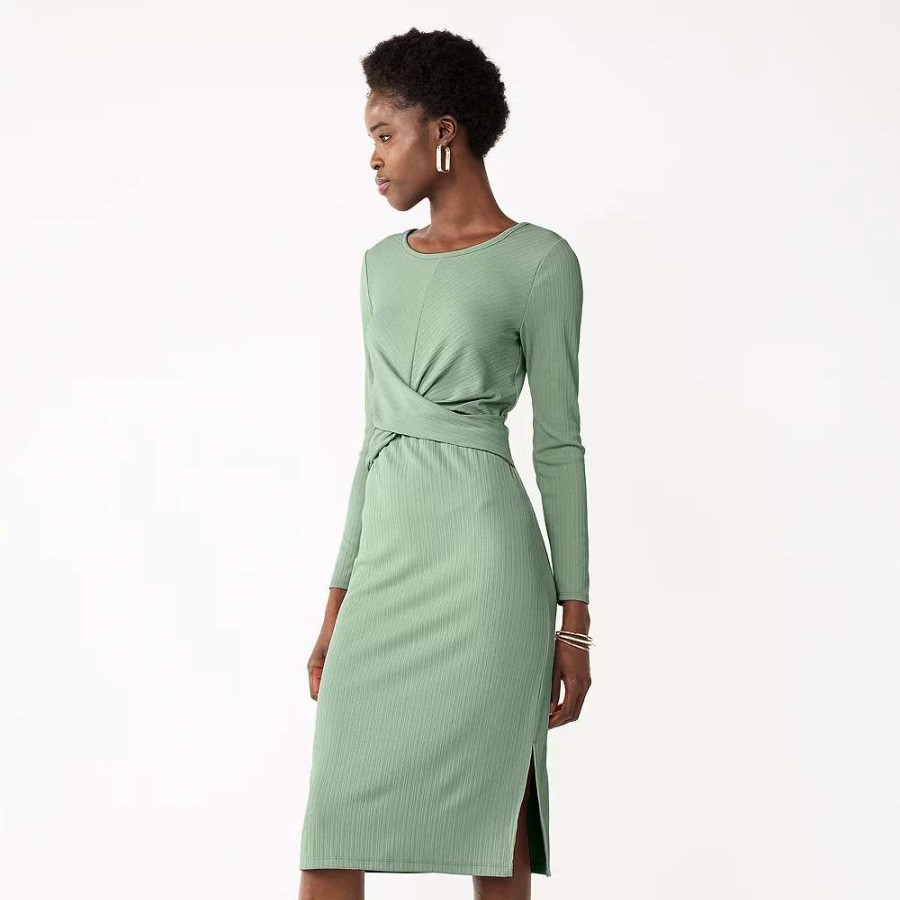 Clothing * | Petite Nine West Twist-Front Long Sleeve Midi Dress