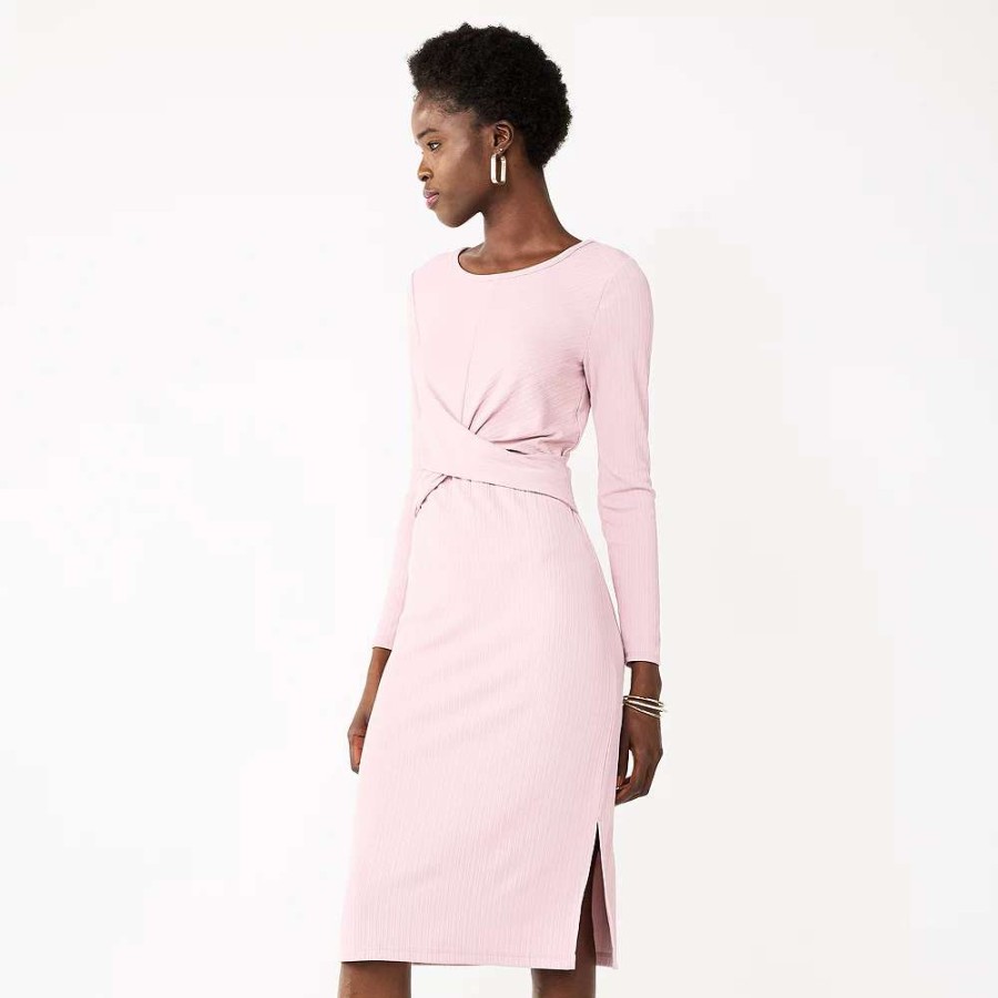 Clothing * | Petite Nine West Twist-Front Long Sleeve Midi Dress