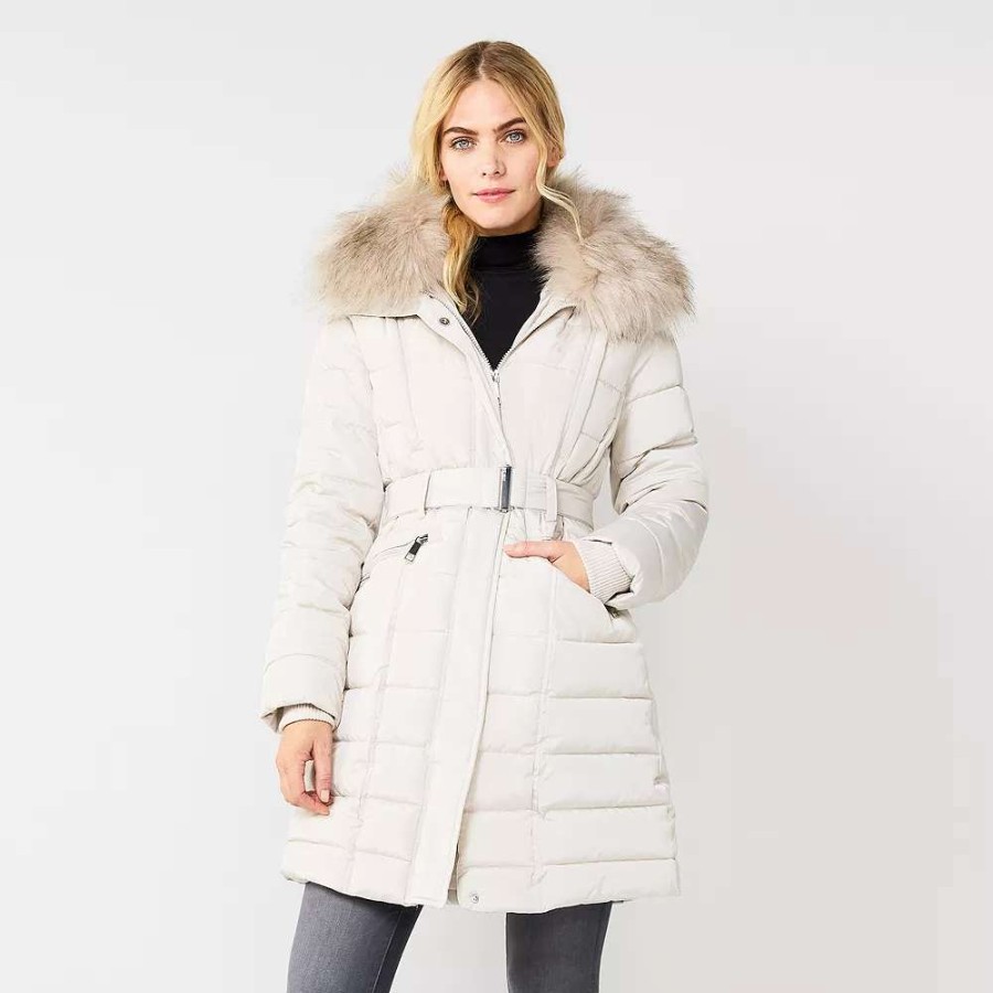 Clothing * | Women'S Nine West Faux-Fur Collar Puffer Coat