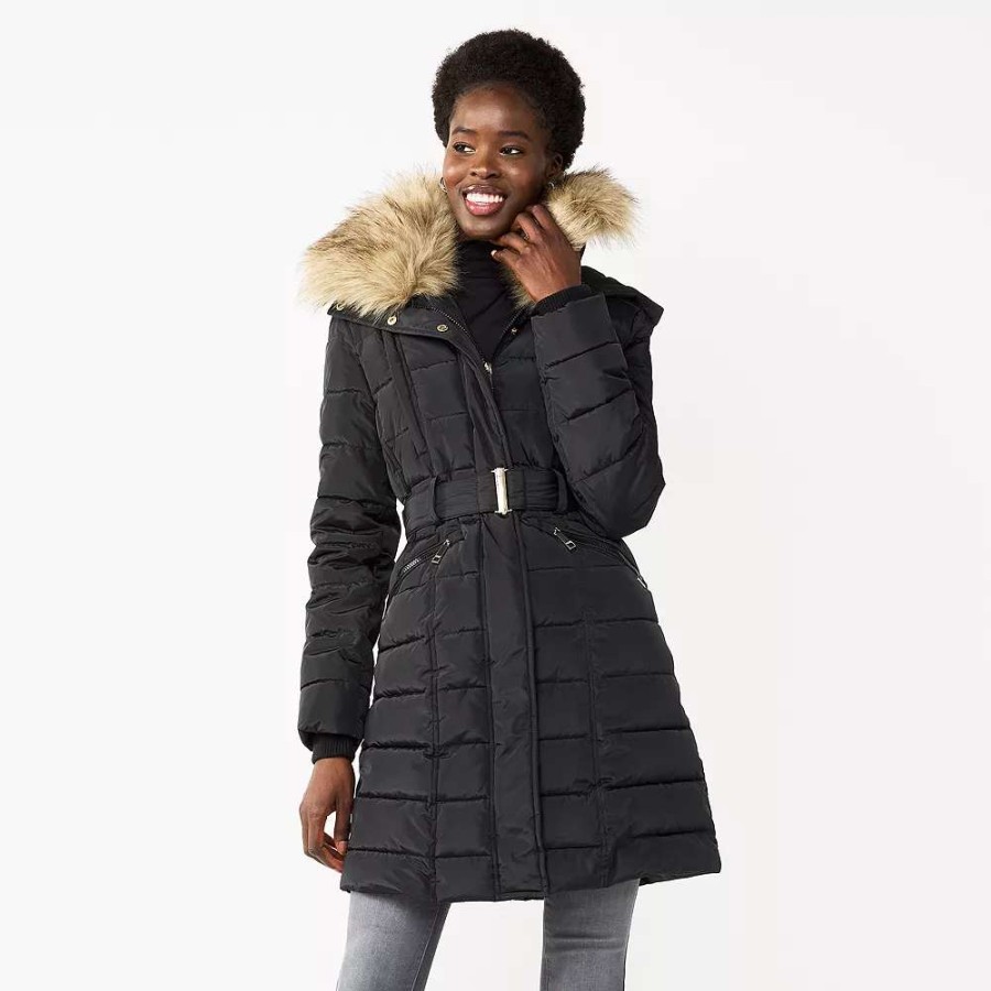 Clothing * | Women'S Nine West Faux-Fur Collar Puffer Coat