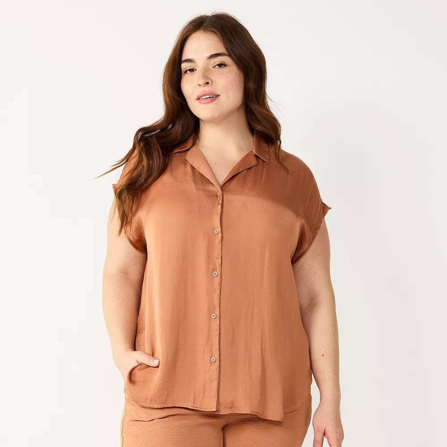 Clothing * | Plus Size Nine West Short Sleeve Easy Lapel Shirt